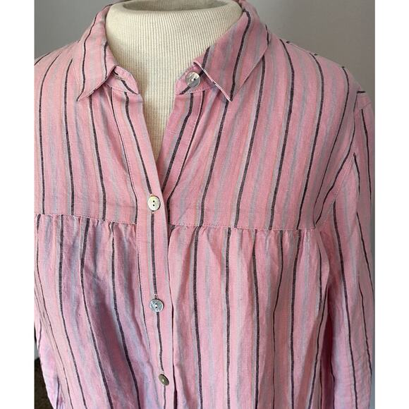 J. Jill Love Linen Shirt Dress MED Pink Stripe Button Front Tiered Ruffle Boho - Picture 9 of 12